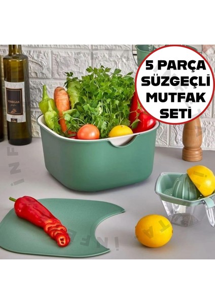5 Parça Çok Amaçlı Mutfak Seti Karıştırma Kabı Süzgeç Kesme Tahtası Limon Sıkacağı