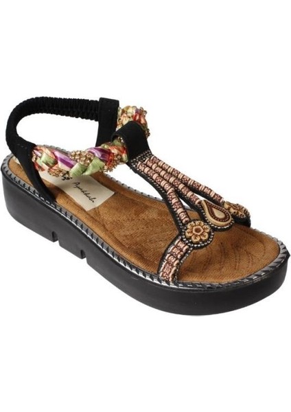 Yazkış Kadın Siyah Ten Taşlı Lastikli Rahat Taban Sandalet Topuk Boyu 4cm