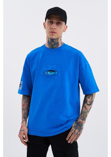 Erkek Born Again Eye Yıkamalı Oversize Açık Mavi Spotted Tişört