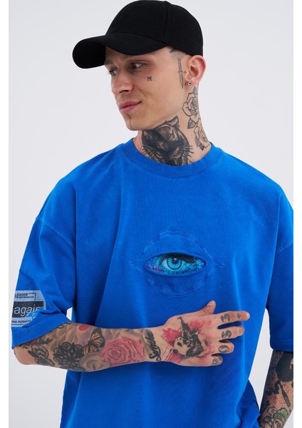 Erkek Born Again Eye Yıkamalı Oversize Açık Mavi Spotted Tişört