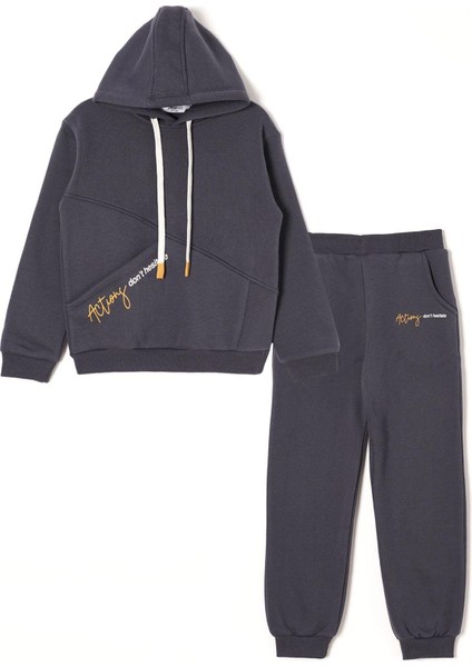 Kapüşonlu Uzun Kol Yazı Baskılı Antrasit Renk Erkek Çocuk Eşofman Takım