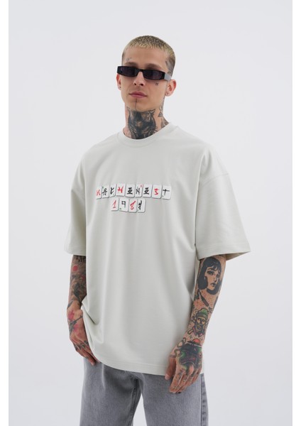 Erkek Mch Mahhong Baskılı Oversize Gri Tişört