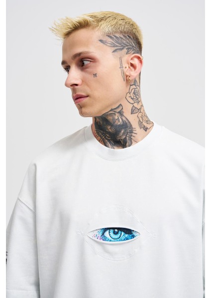 Erkek Born Again Eye Yıkamalı Oversize Gri Spotted Tişört modelleri