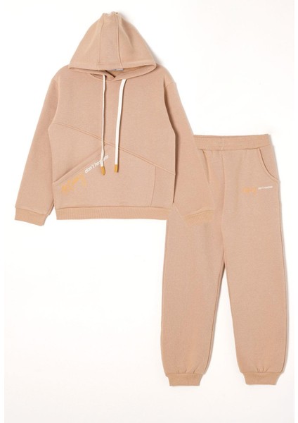 Kapüşonlu Uzun Kol Yazı Baskılı Vizon Renk Erkek Çocuk Eşofman Takım