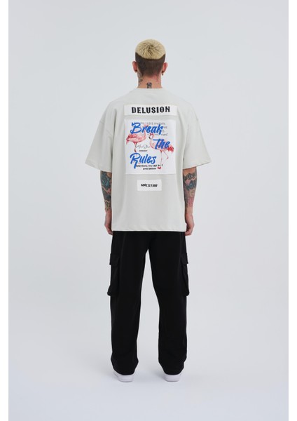 Erkek Break The Rules Baskılı Oversize Gri Tişört
