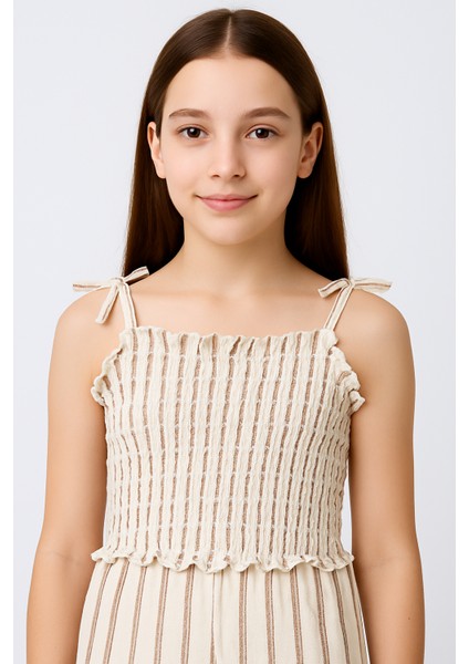 Kız Çocuk Askılı Çizgili Yazlık Tulum – Keten Görünümlü Rahat Kalıp