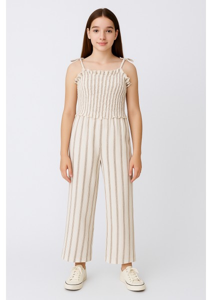 Kız Çocuk Askılı Çizgili Yazlık Tulum – Keten Görünümlü Rahat Kalıp fiyatları