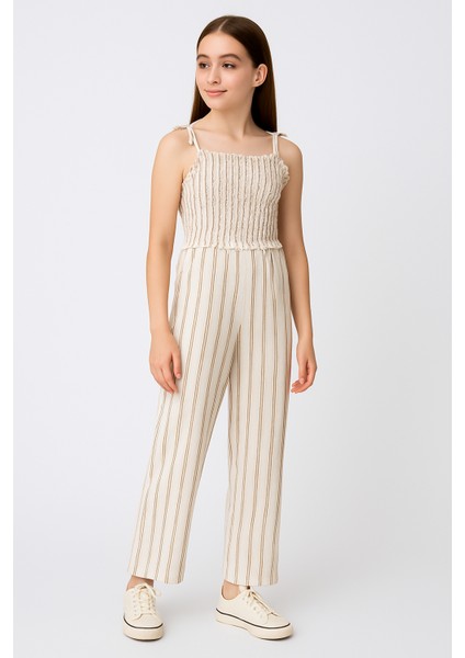 Kız Çocuk Askılı Çizgili Yazlık Tulum – Keten Görünümlü Rahat Kalıp modelleri