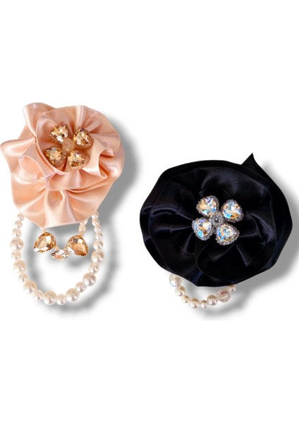 2 Li Pudra ve Siyah Saten Gül Broş, Yaka Iğnesi, Yaka Çiçeği