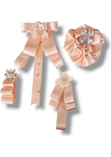 4 Lü Pudra Saten Broş Set,yaka Iğnesi, Yaka Cicegi ,gül Broş