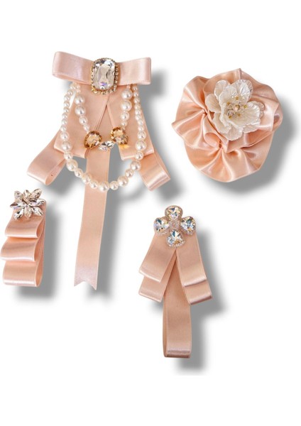 4 Lü Pudra Saten Broş Set,yaka Iğnesi, Yaka Cicegi ,gül Broş
