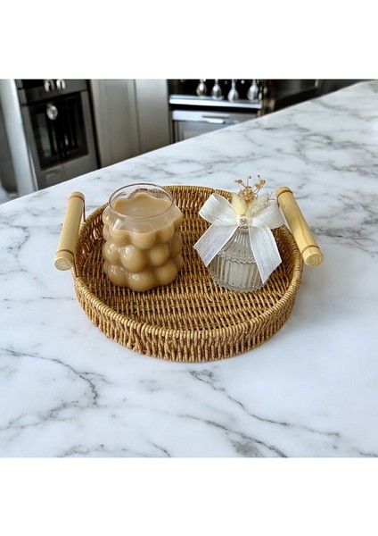 Küçük Boy Yuvarlak Sunum Dekor Rattan Tepsi 30 x 20 cm