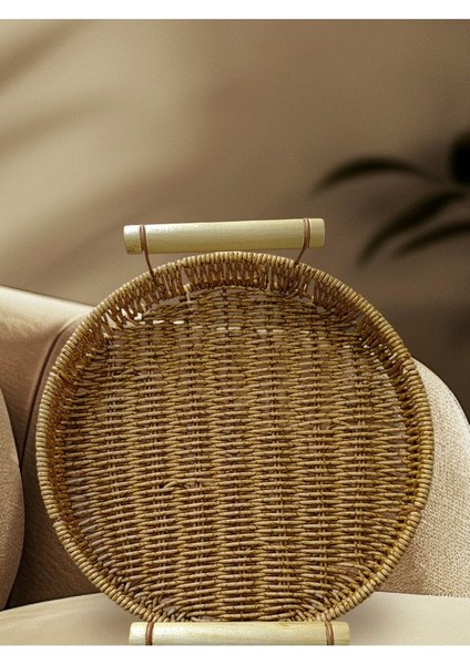 Küçük Boy Yuvarlak Sunum Dekor Rattan Tepsi 30 x 20 cm