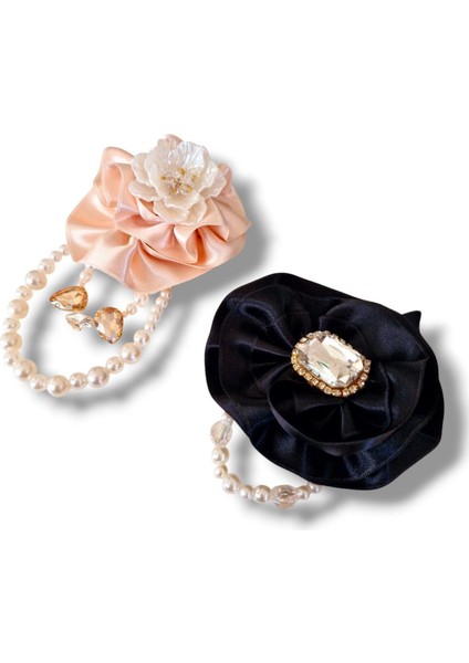 2 Li Pudra ve Siyah Saten Gül Broş, Yaka Iğnesi, Yaka Çiçeği