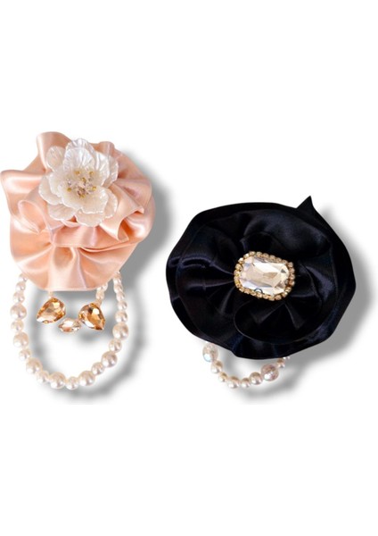 2 Li Pudra ve Siyah Saten Gül Broş, Yaka Iğnesi, Yaka Çiçeği fiyatları