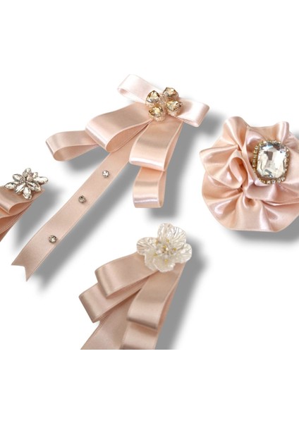 4 Lü Pudra Saten Broş Set,yaka Iğnesi, Yaka Cicegi ,gül Broş