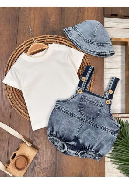 Kot Salopet Şapkalı Alttan Çıtçıtlı Badili Denim Likralı 3lü Yazlık Unisex Bebek Takım
