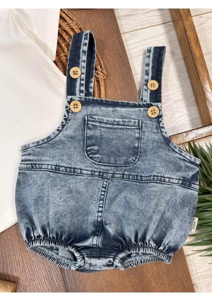 Kot Salopet Şapkalı Alttan Çıtçıtlı Badili Denim Likralı 3lü Yazlık Unisex Bebek Takım modelleri