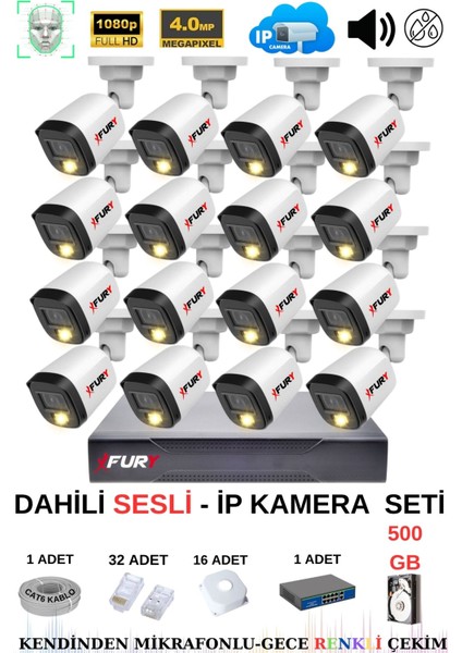 Ip Güvenlik Kamera Seti 16 Kameralı Sesli 4mp Gece Renkli Su Geçirmez IP5515S 500GB