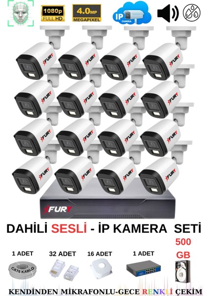 Ip Güvenlik Kamera Seti 16 Kameralı Sesli 4mp Gece Renkli Su Geçirmez IP5515S 500GB