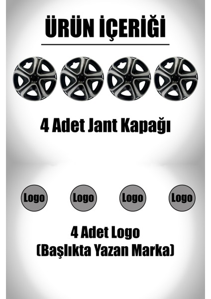 Citroen Berlingo Jumper Jumpy 16" Inç Uyumlu 4 Adet 1 Takım Gri Siyah Jant Kapağı