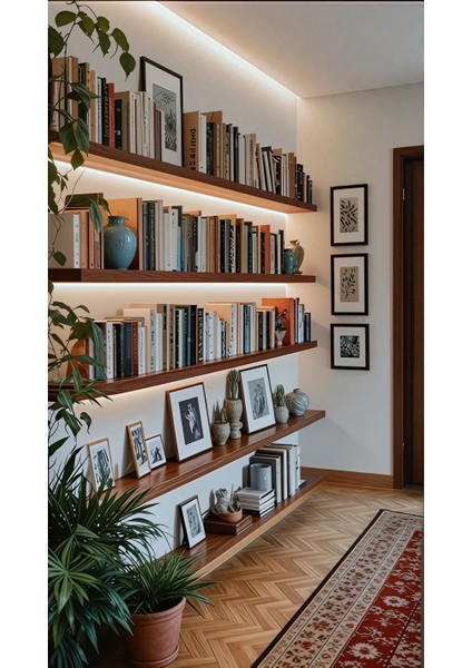 Duvar Rafı Uçan Raf 5'li 100X20X3CM Kalın Ağaç Ahşap Duvar Rafı
