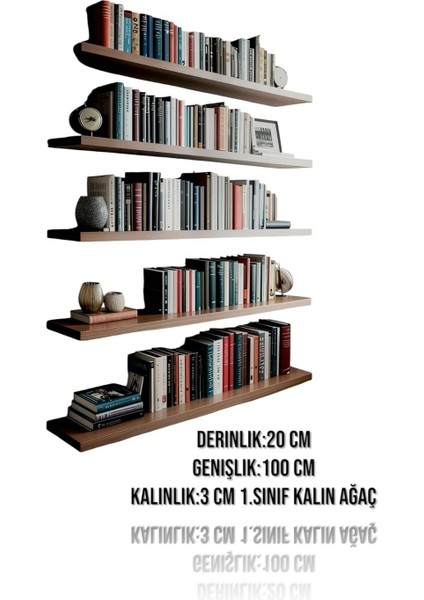 Duvar Rafı Uçan Raf 5'li 100X20X3CM Kalın Ağaç Ahşap Duvar Rafı