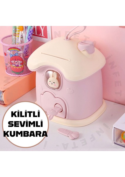Kilitli Işıklı Tavşanlı Ev Kumbara Pembe