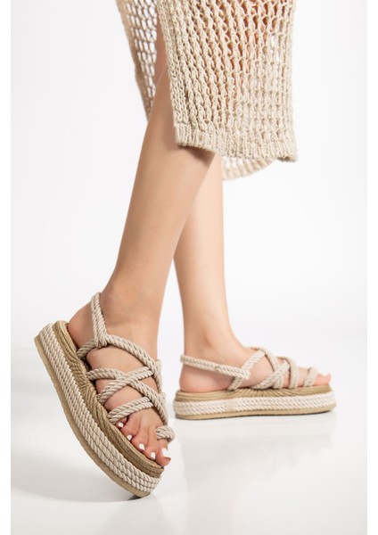 Bless Kadın Bej Günlük Rahat Taban Hasır Sandalet Terlik