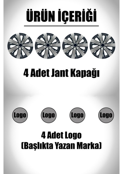 Peugeot Rifter Expert 15" Inç Uyumlu 4 Adet 1 Takım Gri Siyah Jant Kapağı