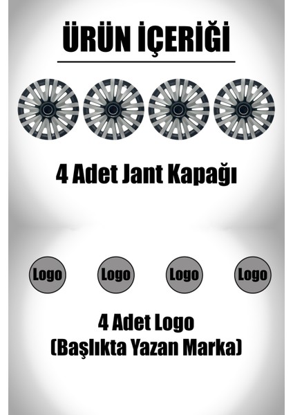 Renault Kangoo Trafic Modus 14" Inç Uyumlu 4 Adet 1 Takım Gri Siyah Jant Kapağı