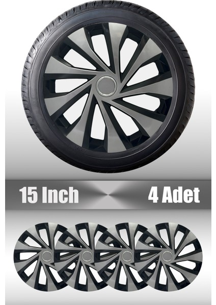 Renault Clio Symbol Megane 15" Inç Uyumlu 4 Adet 1 Takım Gri Siyah Jant Kapağı