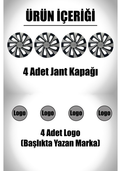 Renault Clio Symbol Megane 15" Inç Uyumlu 4 Adet 1 Takım Gri Siyah Jant Kapağı