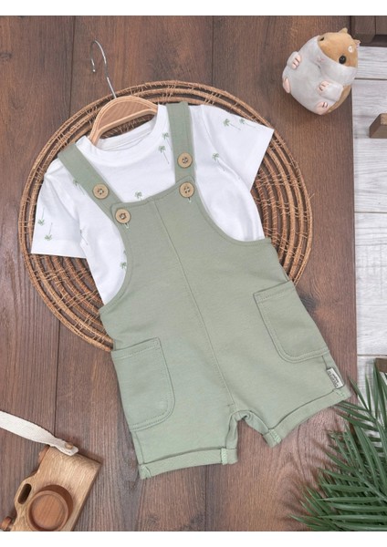 Salopet Pamuklu Tshirt Palmiye Baskılı Omuzdan Çıtçıtlı Badi Yazlık Erkek Bebek Takım