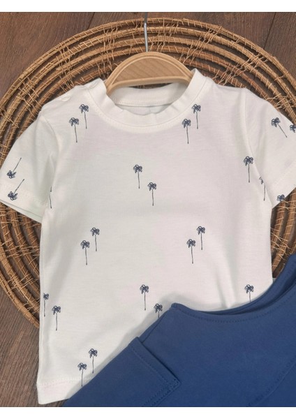 Salopet Pamuklu Tshirt Palmiye Baskılı Omuzdan Çıtçıtlı Badi Yazlık Erkek Bebek Takım