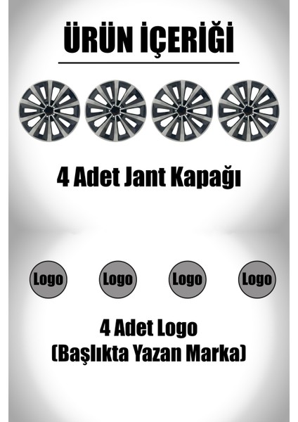 Fiat Doblo Fiorino 14" Inç Uyumlu 4 Adet 1 Takım Gri Siyah Jant Kapağı