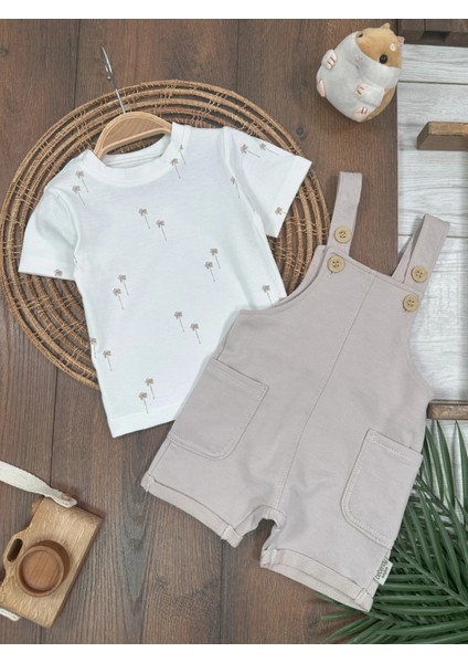 Salopet Pamuklu Tshirt Palmiye Baskılı Omuzdan Çıtçıtlı Badi Yazlık Erkek Bebek Takım