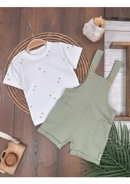 Salopet Pamuklu Tshirt Palmiye Baskılı Omuzdan Çıtçıtlı Badi Yazlık Erkek Bebek Takım