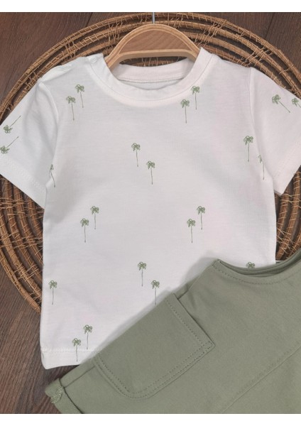 Salopet Pamuklu Tshirt Palmiye Baskılı Omuzdan Çıtçıtlı Badi Yazlık Erkek Bebek Takım