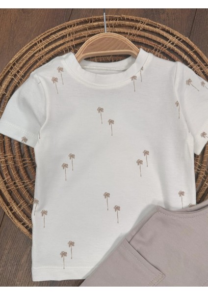 Salopet Pamuklu Tshirt Palmiye Baskılı Omuzdan Çıtçıtlı Badi Yazlık Erkek Bebek Takım