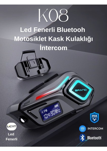 K08 LED Fenerli Intercom Bluetooth Motosiklet Kask Kulaklığı Intercom Kulaklık