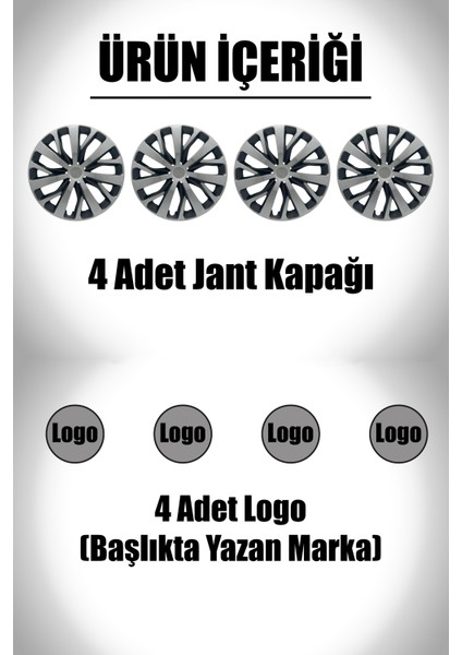 Renault Kangoo Trafic Master 15" Inç Uyumlu 4 Adet 1 Takım Gri Siyah Jant Kapağı