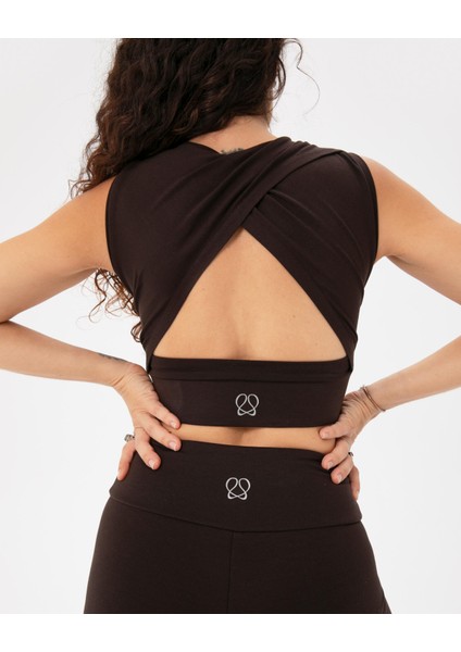Kahverengi EcoVero Viskoz Sırt Dekolteli Drape Detaylı Crop Sırt Pencereli Büstiyer