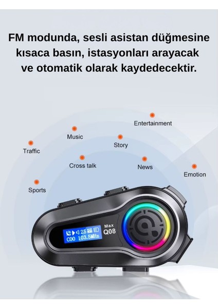 Q08 Max Rgb Işık Efektli Intercom Bluetooth Motosiklet Kask Kulaklığı Intercom Kulaklık