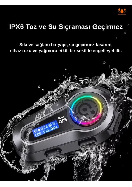 Q08 Max Rgb Işık Efektli Intercom Bluetooth Motosiklet Kask Kulaklığı Intercom Kulaklık