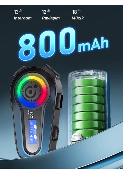 Q08 Max Rgb Işık Efektli Intercom Bluetooth Motosiklet Kask Kulaklığı Intercom Kulaklık