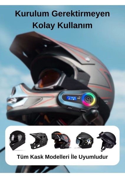 Q08 Max Rgb Işık Efektli Intercom Bluetooth Motosiklet Kask Kulaklığı Intercom Kulaklık