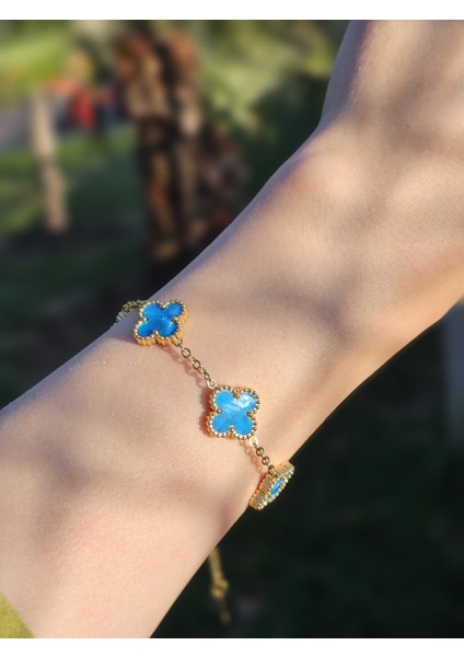 Mineli Bileklik Sedefli Yonca Bileklik Gold Gümüş Kadın Kol Aksesuarı Sevgiliye Hediye Kutulu fırsatları