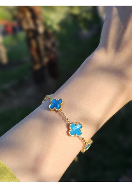 Mineli Bileklik Sedefli Yonca Bileklik Gold Gümüş Kadın Kol Aksesuarı Sevgiliye Hediye Kutulu