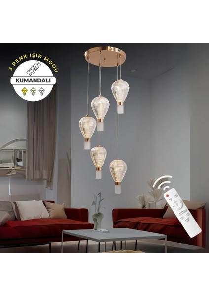 Kapadokya Gold 5'li Lüks Kumandalı Dimmerli 3 Renk Ledli Avize Modern LED Avize